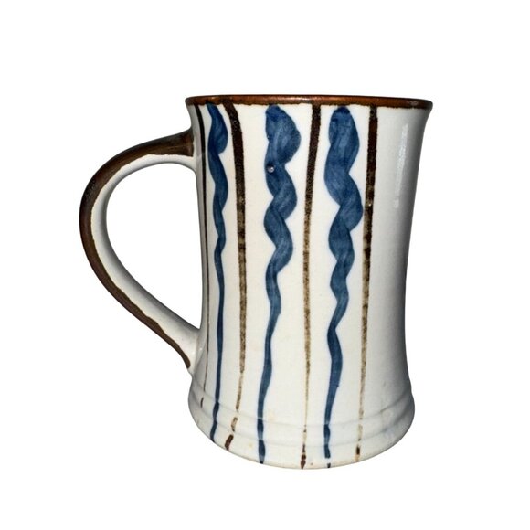 Handmade Ceramic Mug With Blue Wavy Stripes & Tan Accents - Picture 1 of 5